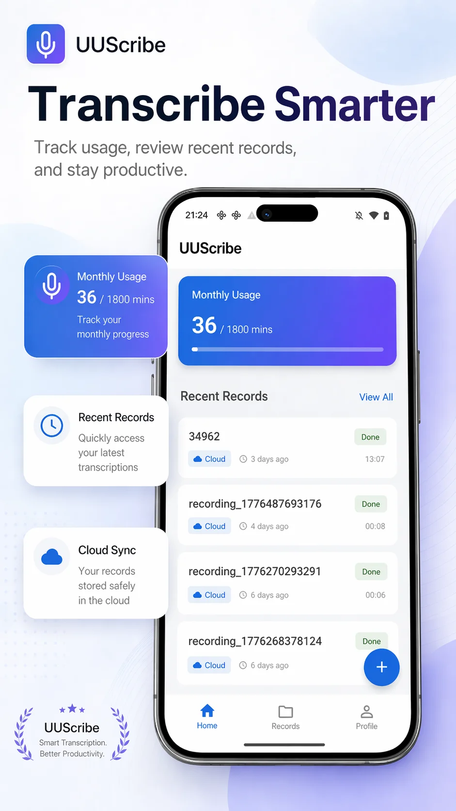 UUScribe Android dashboard with cloud and local transcription records