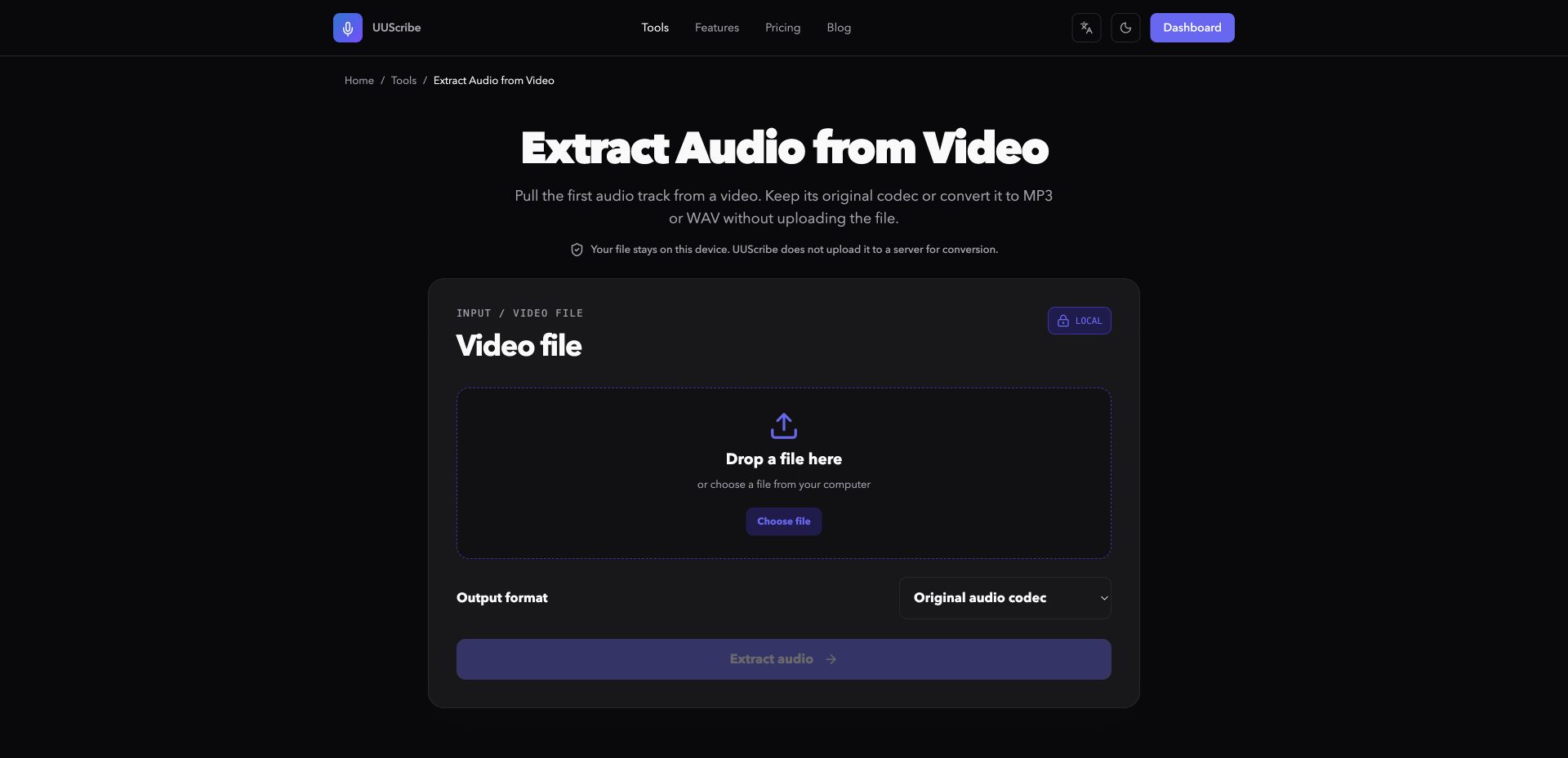 UUScribe Extract Audio from Video tool in English