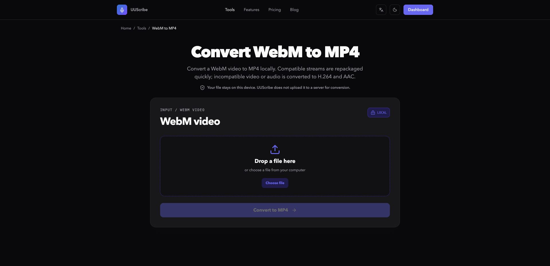 UUScribe WebM to MP4 converter in English