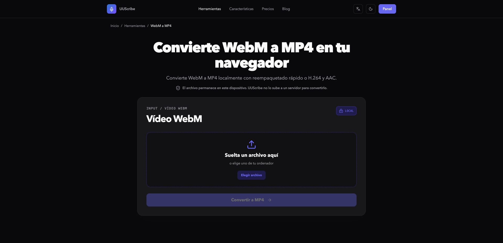 Conversor de WebM a MP4 de UUScribe en español