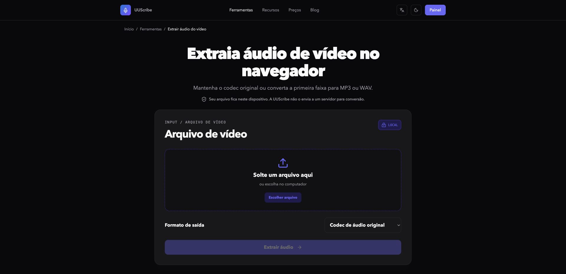 Ferramenta da UUScribe para extrair áudio de vídeo em português