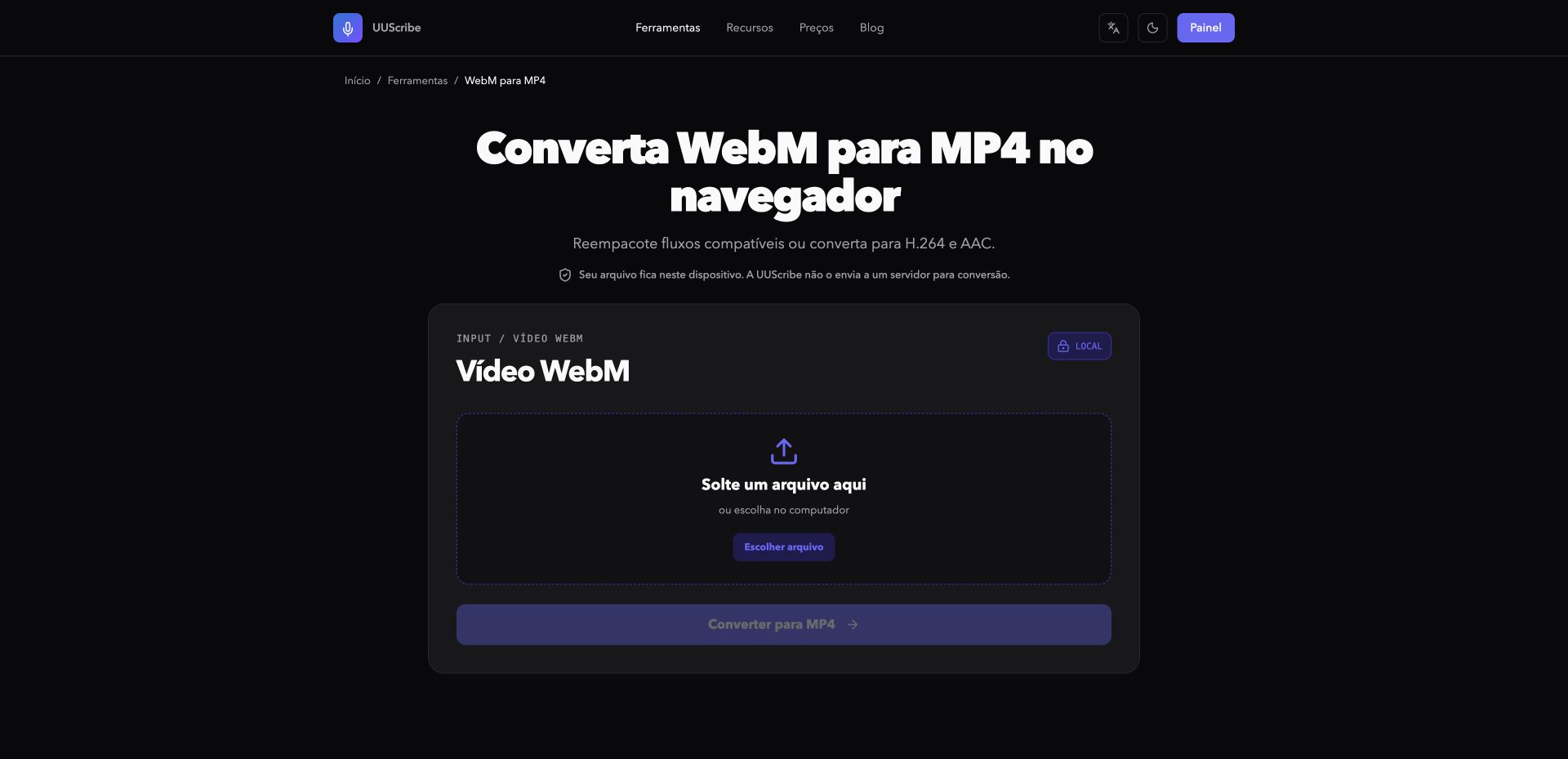 Conversor de WebM para MP4 da UUScribe em português