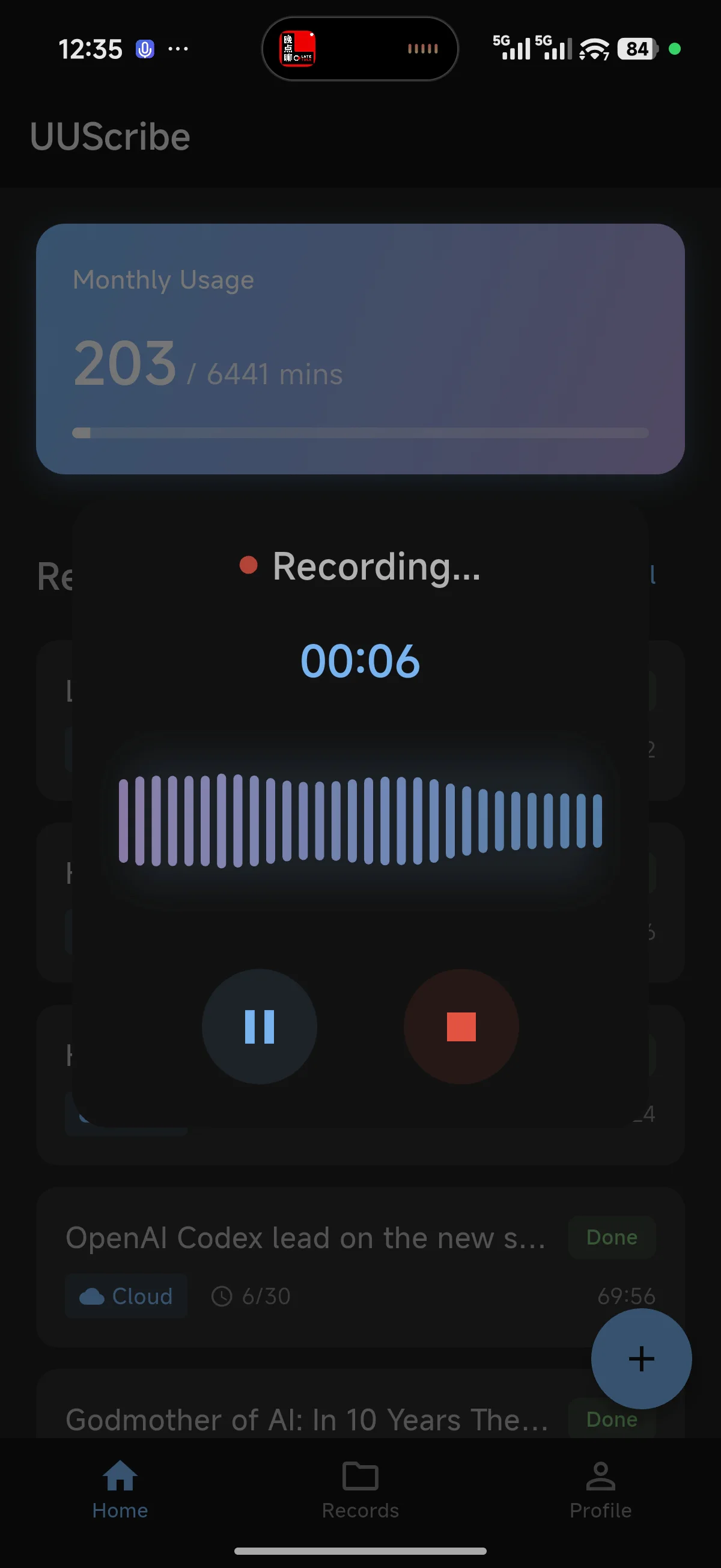 UUScribe recording screen with timer, waveform, pause, and stop controls
