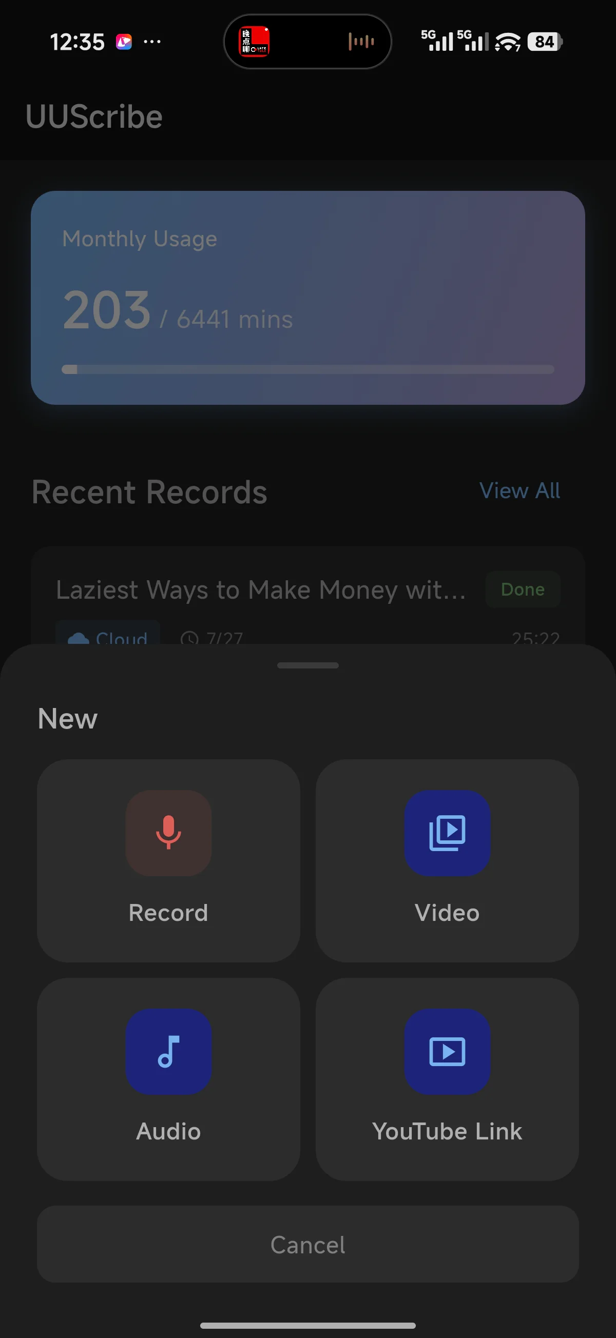 UUScribe new recording menu with Record, Video, Audio, and YouTube Link options
