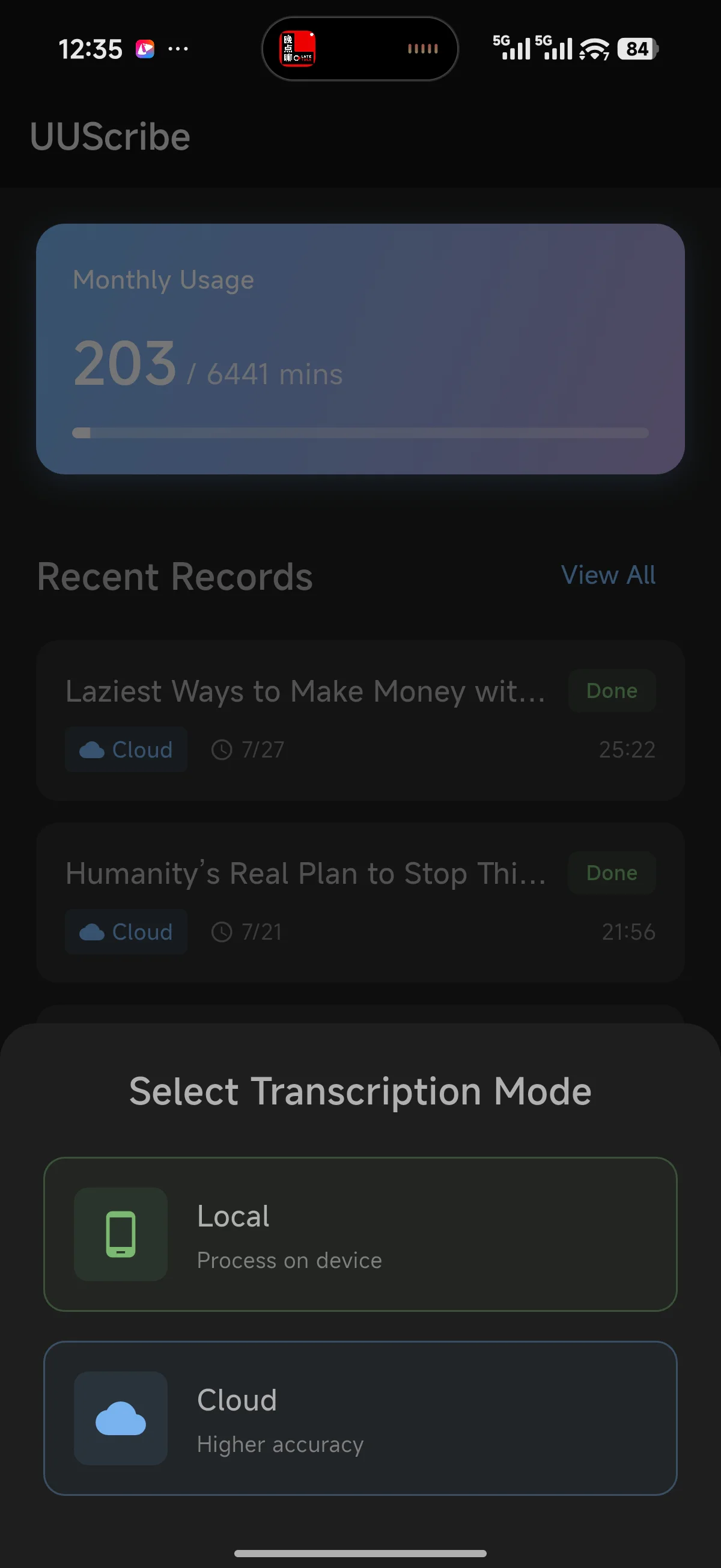 UUScribe transcription mode selector with Local and Cloud options