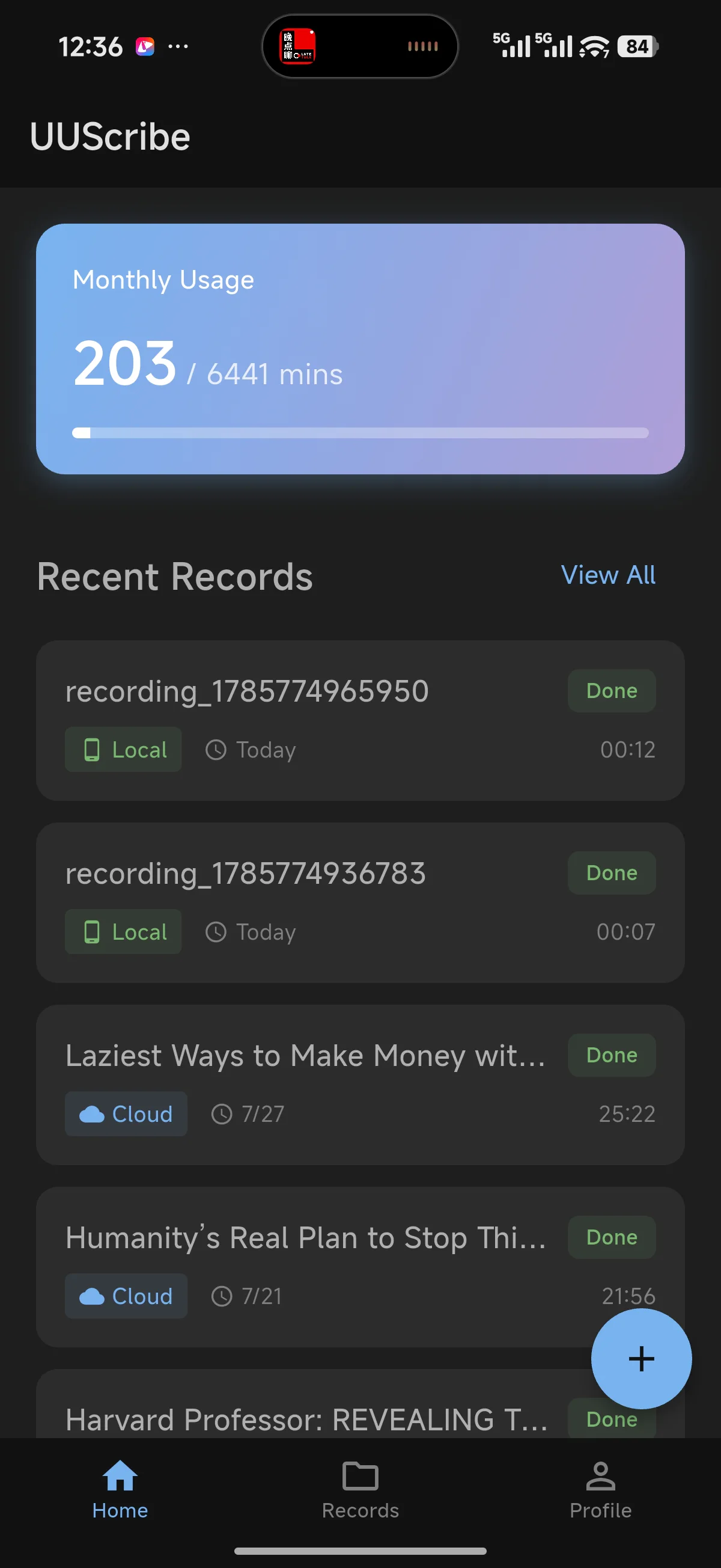 UUScribe home screen showing completed recordings with green Local labels